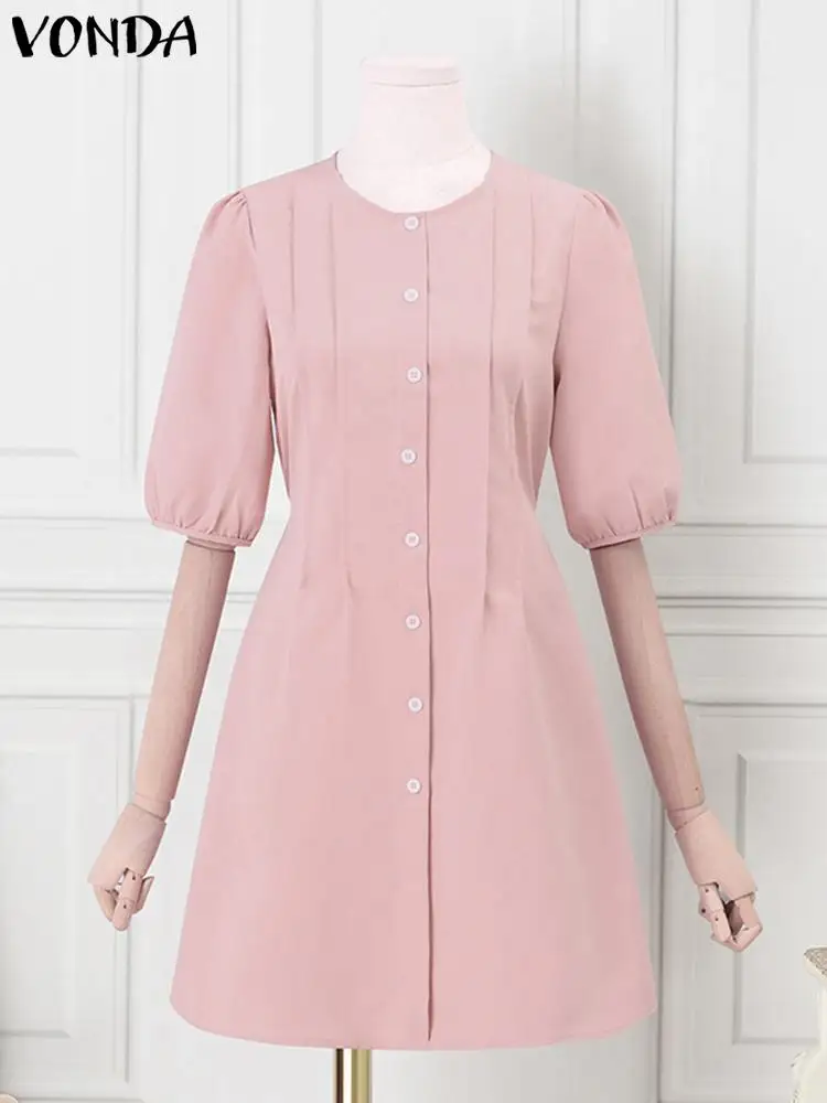 VONDA-Mini Robe Plissée à Manches Bouffantes pour Femme, Tenue d'Été Courte, Couleur Unie, Mode Élégante, Bureau, Décontractée, Éducative, 2024