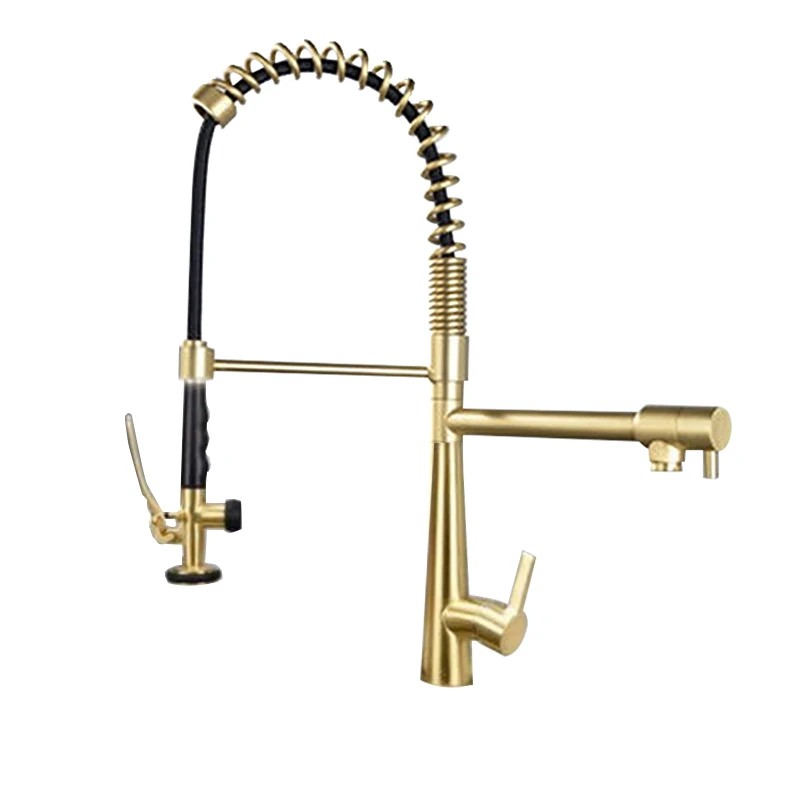

Kitchen Faucets With Pot Filter Pull Down Sprayer-Brushed Gold Brass Industrial Single Handle One Hole Faucet