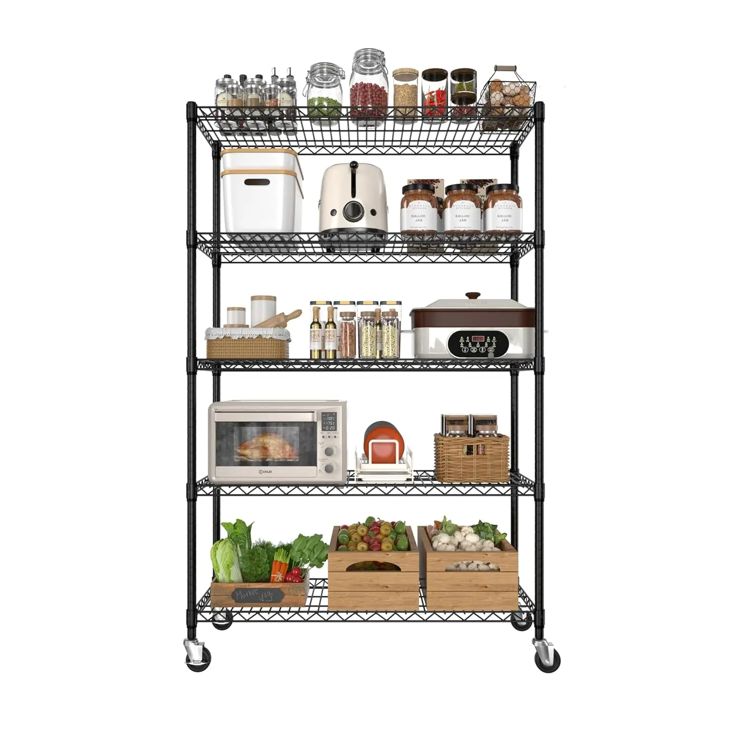5-Tier Steel Wire Shelf with Wheels Adjustable Storage Rack 18