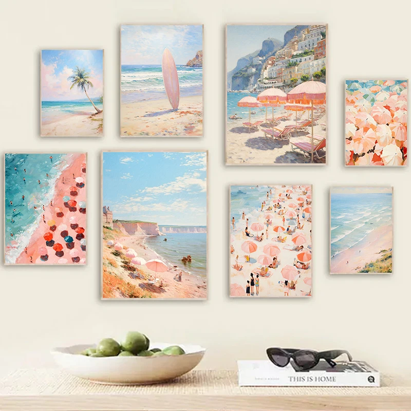 Retro Coastal Summer Pink Beach Chair Sunshade Surfboard Posters and Prints Canvas Printing Wall Art Picture for Home Decor Gift