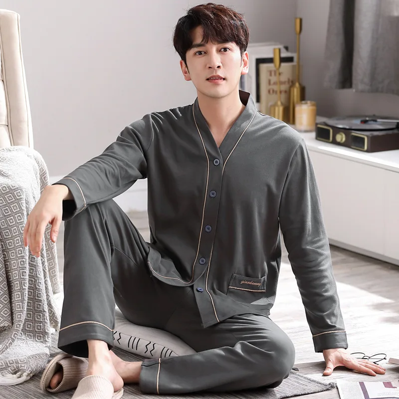 Men Pajamas Suit Long sleeved Pure Cotton Simple Casual Cardigan V-neck Homewear Set All Plus Size Breathable Autumn Sleepwear