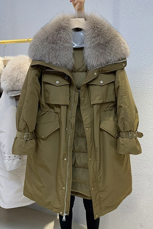 Winter 90 % weiße Entendaunen Daunenjacke 2025, neuer langer Fuchspelzkragen, Parkas, Mantel für Damen, Winter, warm, verdickte Jacke, Oberbekleidung