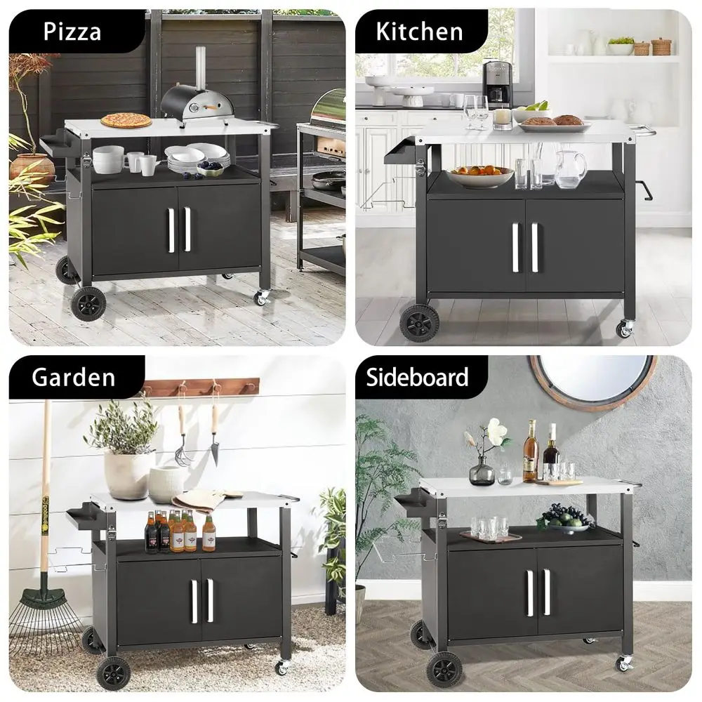 

Grill Cart Table with Big Storage Cabinet, Movable Outdoor Dining Cart Pizza Oven Stand, Kitchen Cart Island Multifunction Food