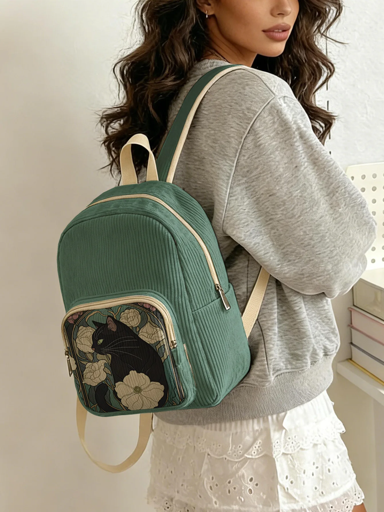 

Art Nouveau Black Cat & Floral Print Women Fashion Backpack Corduroy Multi-pocket Large Capacity Commuter Bag