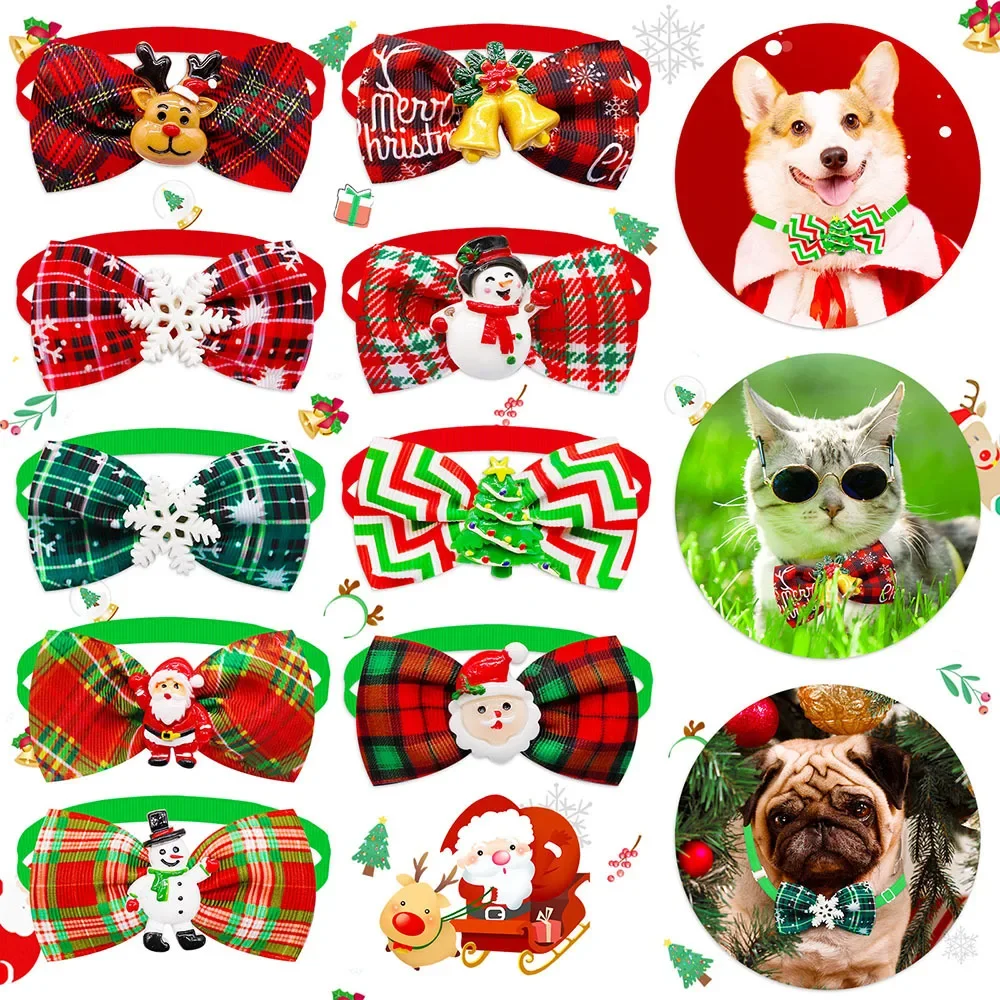 50pcs/lot Plaid Pattern Pet Christmas Bow Tie, Cat Small Dog Bowtie Adjustable Dog Collar  Accessories