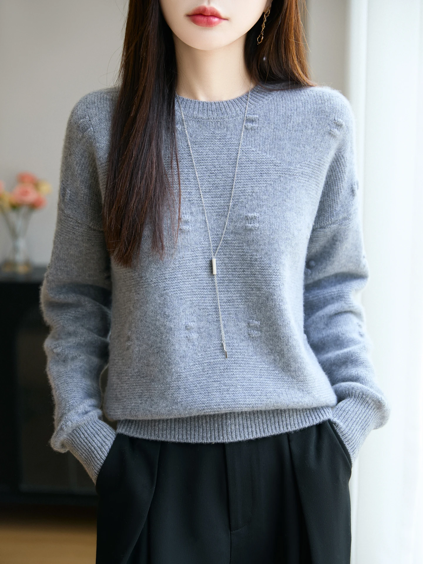 

100% Merino Wool Women's Round Neck Pullove Thickened Autumn Winter Loose Casual Fashion Simple Pattern Knitted Cashmere Sweater