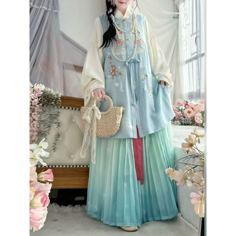 Modified Ming Hanfu Floral Embroidery Sleeveless Vest + Pipa Sleeve Top Casual Oriental Costume