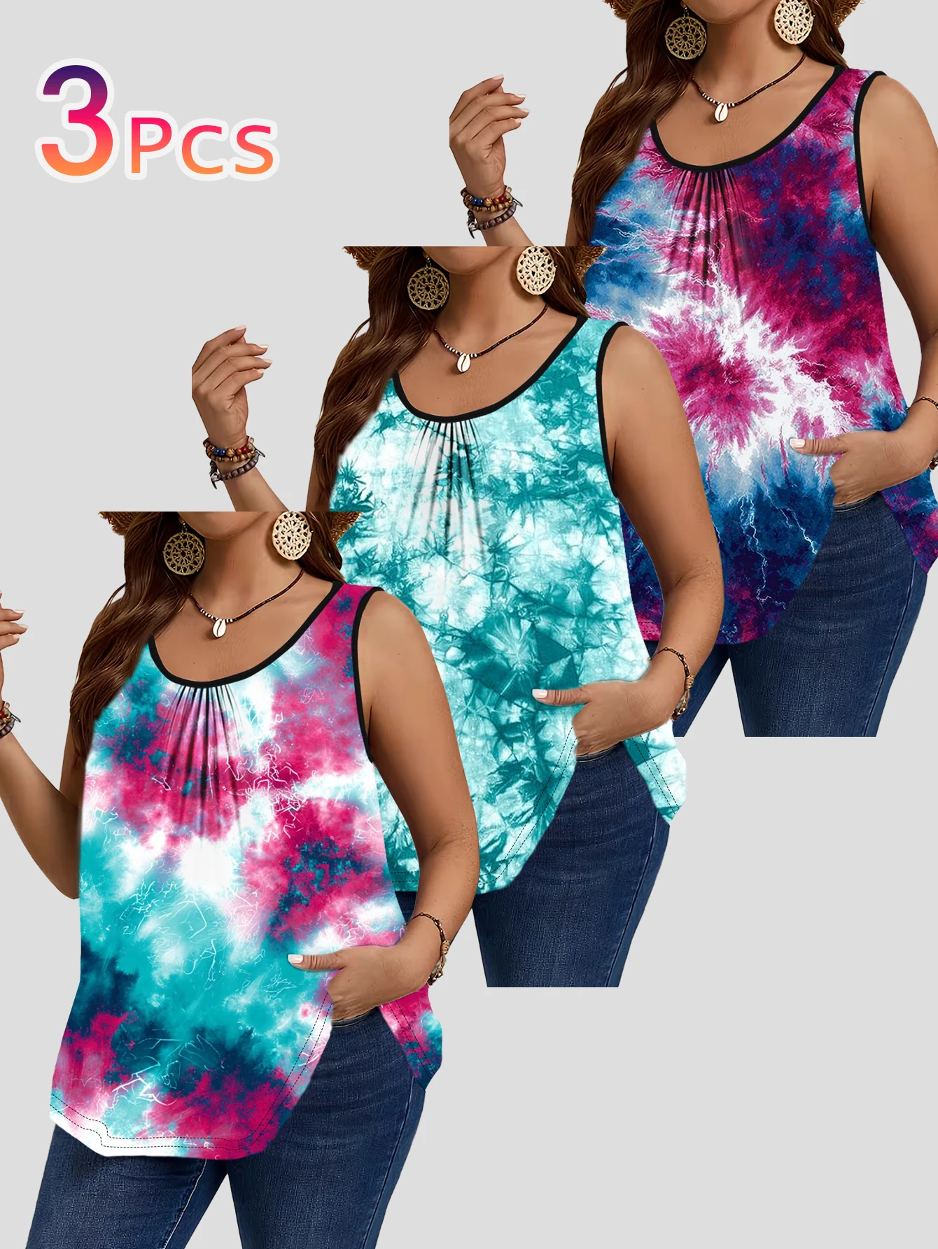 3-Piece Set of American Retro Blue and Pink Tie-Dye Gradient Printed Sleeveless Vests for Women, Large Size, Round Neck, Pleated, Loose-Fitting, Casual Tank Tops for Outerwear