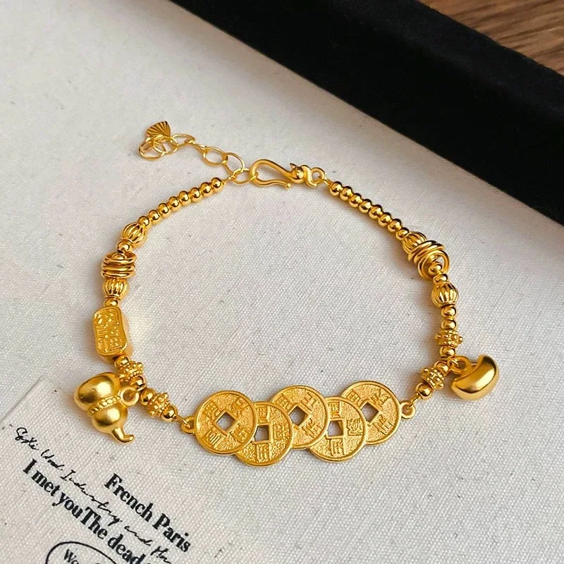 

Настоящий 18-каратный золотой браслет Hulu с пятью императорами и деньгами для женщин, ювелирные изделия 18 карат без удаления, роскошный браслет высокого качества