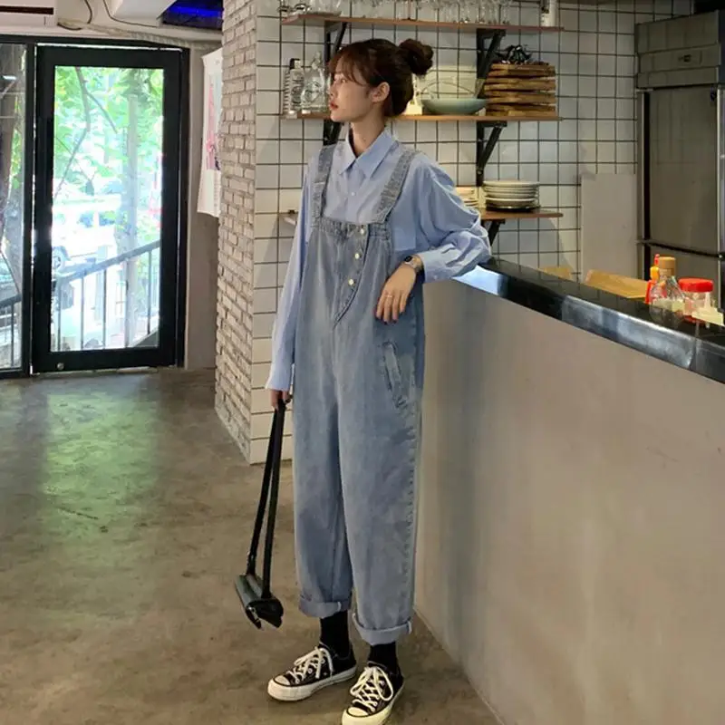 Jumpsuit Denim Wanita Versi Awet Muda Desain Lebar Model Wanita Pinggang Sedang Ramping Ringan Lembut Tipis Halus