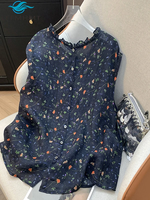 

Flower Print Ruffle Neck Sleeveless Cotton Linen T-shirt for Women Summer New Fashion Good Quality Soft Cozy Pullover Top Female