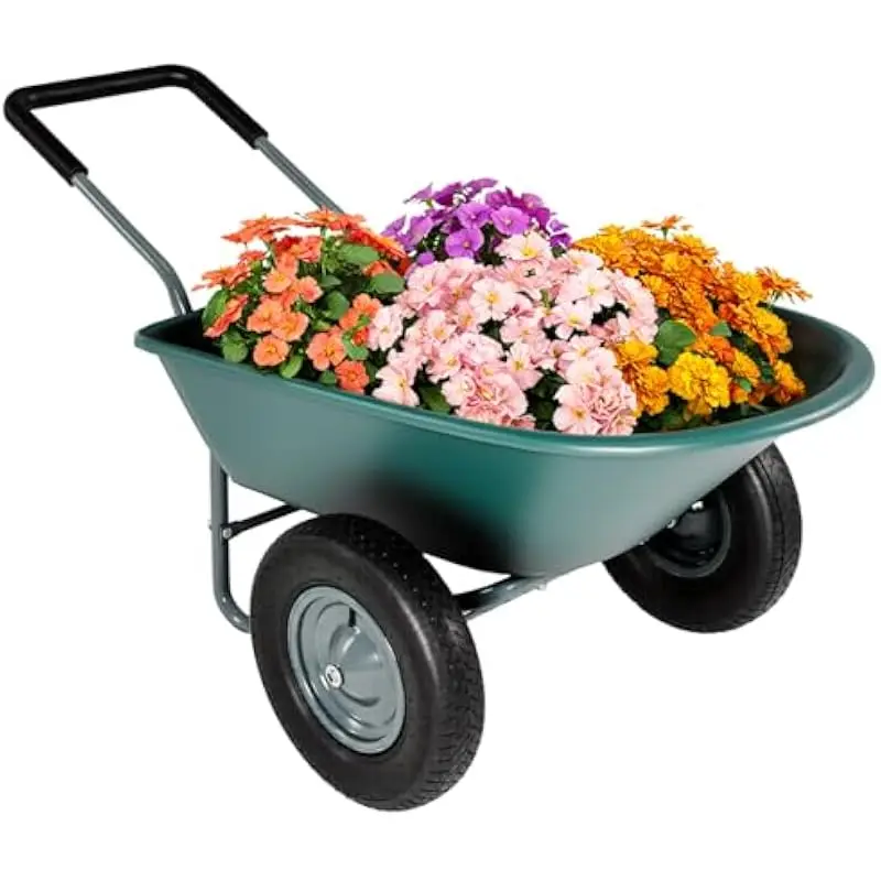 Two-wheel yard cart with 14-inch pneumatic tires, ergonomic padded handlebar, 5-cubic-foot load tray, powder-coated steel frame,