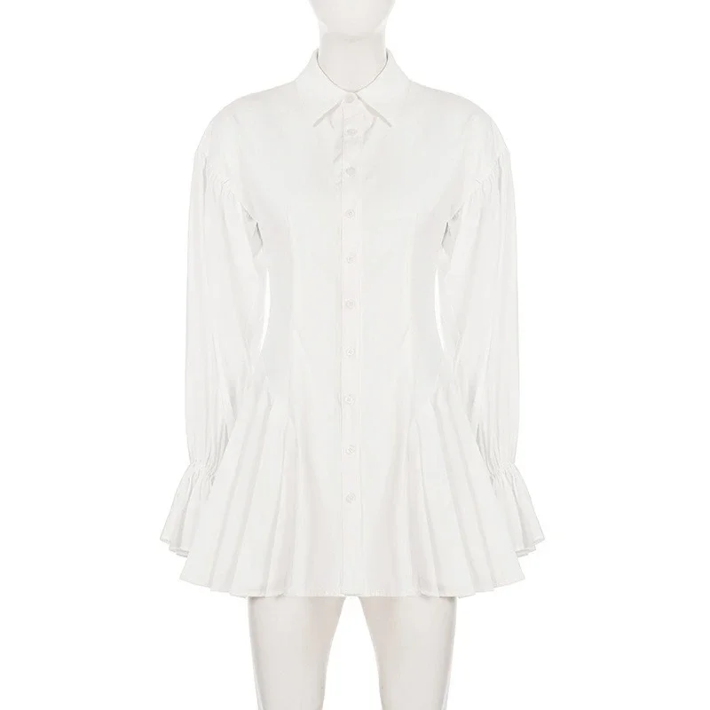 موضة قميص طوق فستان مطوي المرأة الصلبة مثير سليم زر كم طويل فستان قصير 2025 الخريف جديد ملابس نادي الحفلات