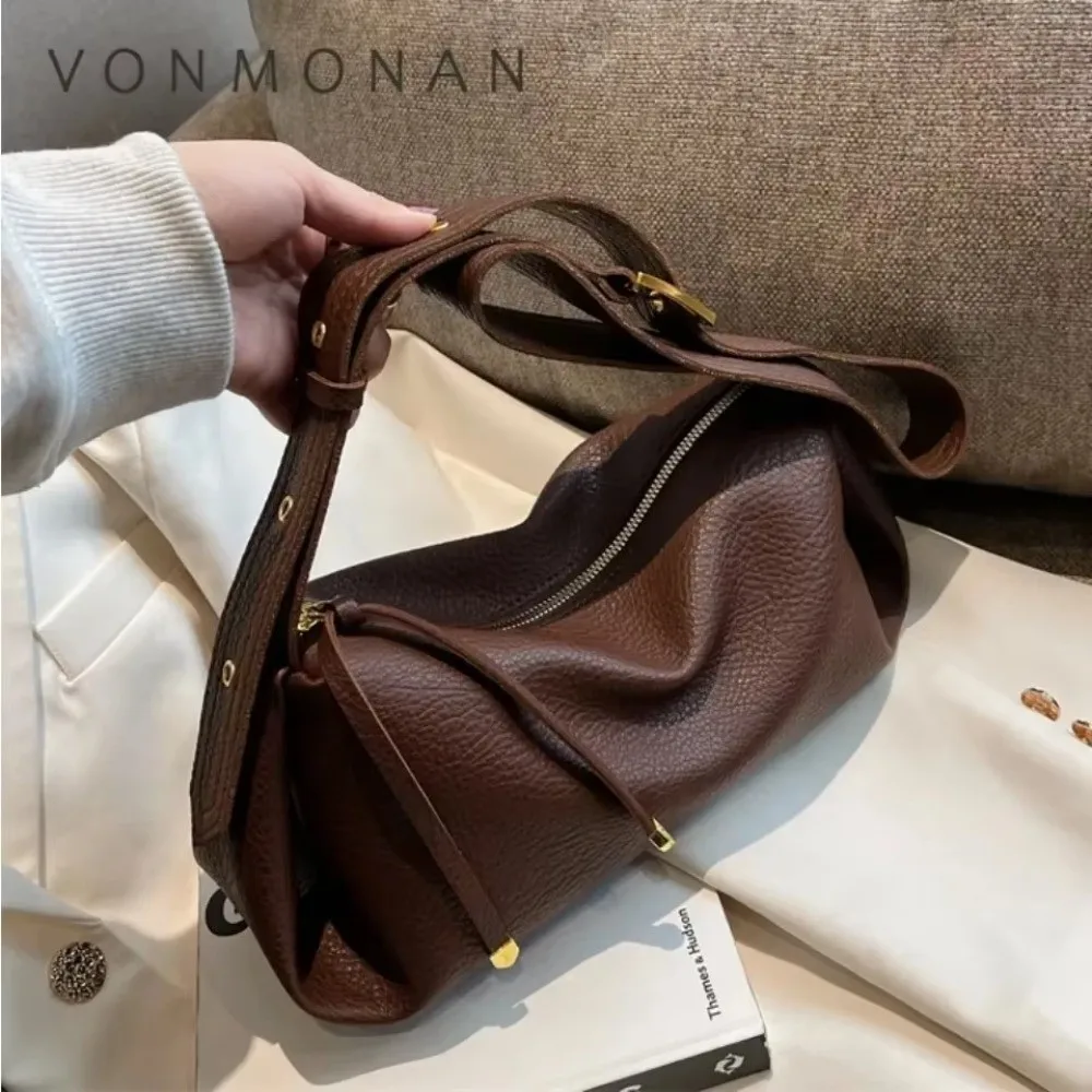 New Soft PU Leather Bucket Bag Large Capacity Solid Color Crossbody Bag Zipper Lichee Pattern Shoulder Bag Women