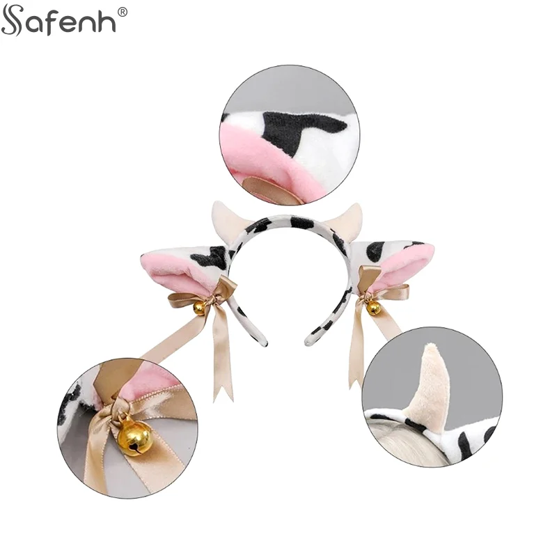 1 Set Animal Party Cosplay Costume Plush Cow Ears Horn Headband With Small Bells Ribbon Bow Anime Lolita Hair Hoop Girl Gifts
