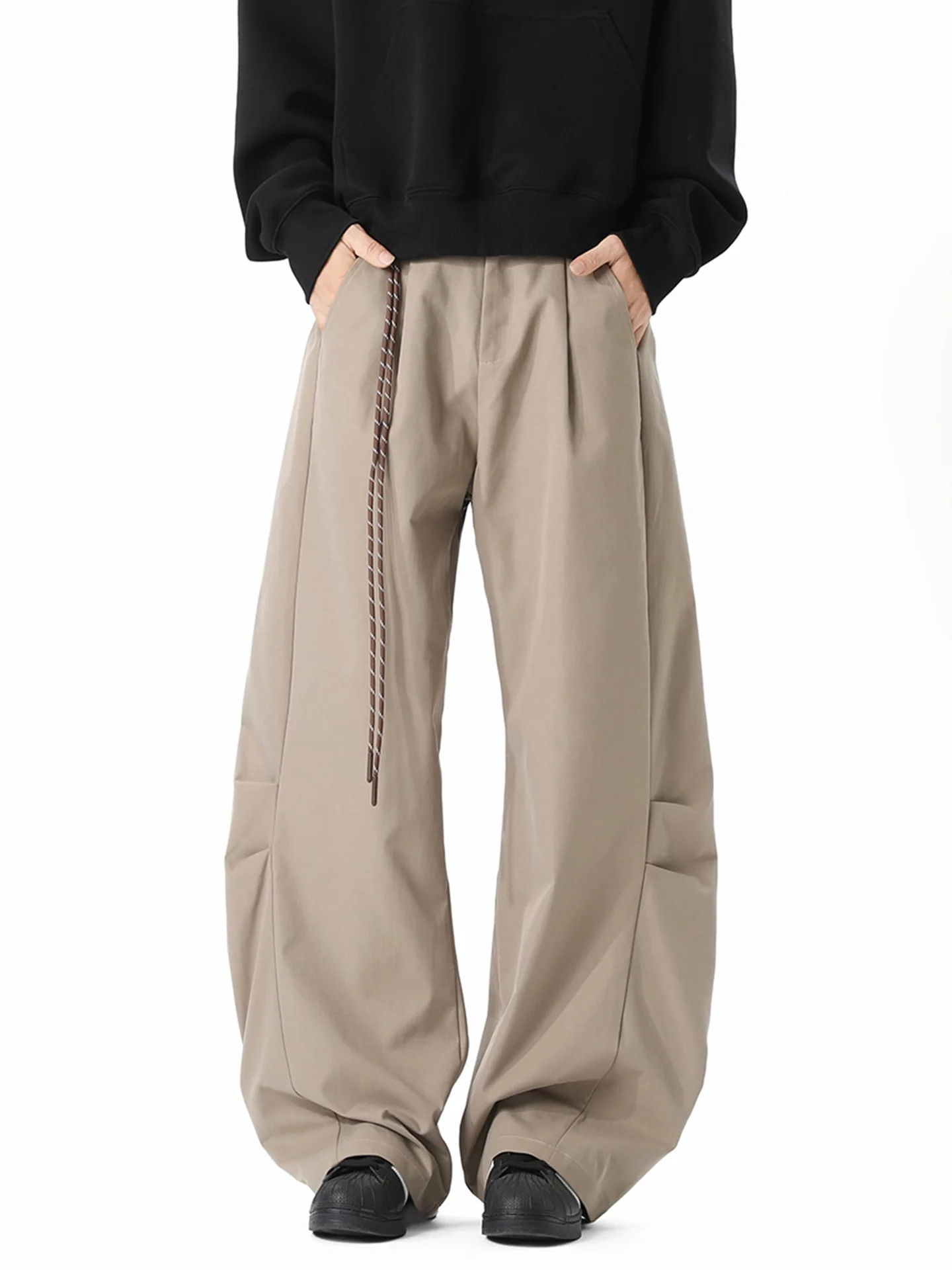 Khaki Color Men's Casual Pants Autumn Season Pleated Wide Leg Straight Cut Trousers Fashionable Loose Fit Comfortable Long Tr...