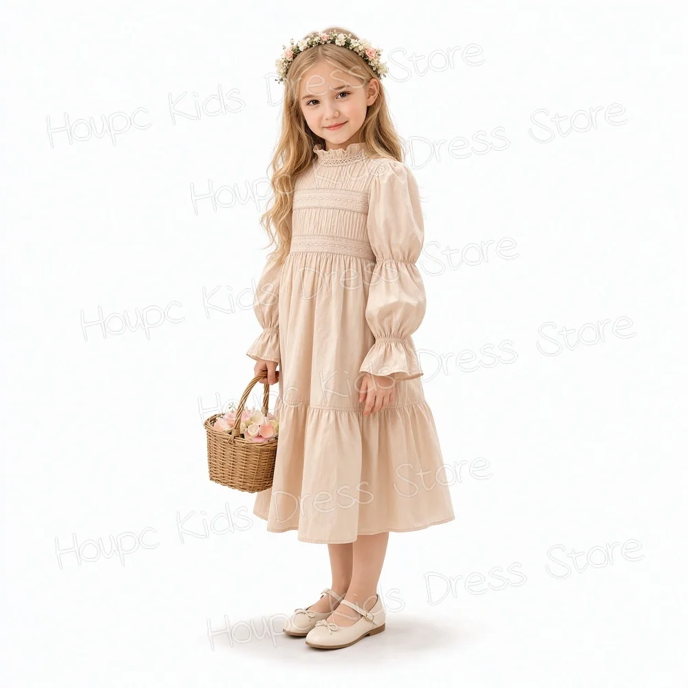 Custom Vintage Flower Girl Dress for First Communion, Long Sleeve Ruffle Neck Cotton A-Line Gown, Customizable Kids Wedding Part