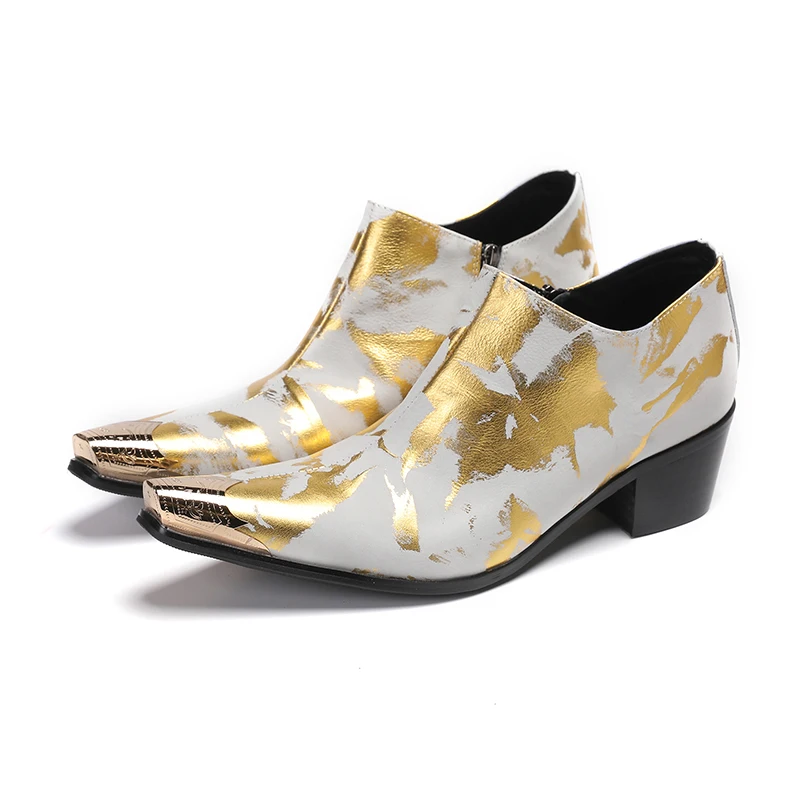 

Fashion Gentleman Dressing Zipper Shoes Metal Pointed Toe Patchwork Designer Wedding Party Brand Customized Shoes Men Plus Size