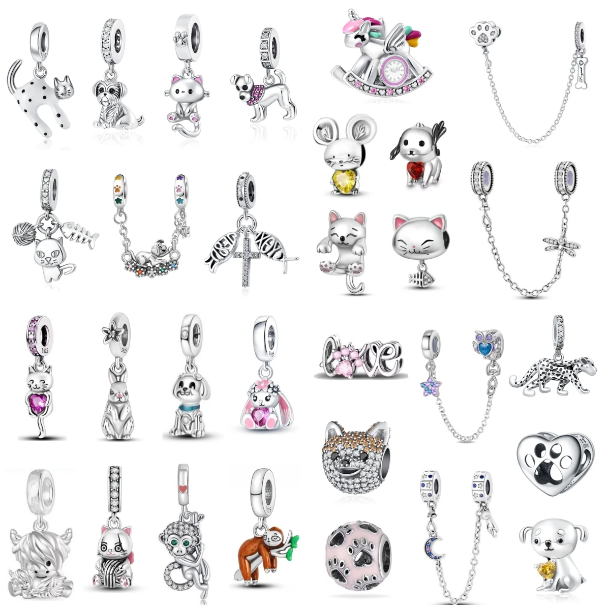 

Pink Unicorn 925 Silver Black Cat Cute Cheetah, Rabbit, Mouse Pendant DIY Fit Bracelet Suitable for Women Jewelry Safety Chain