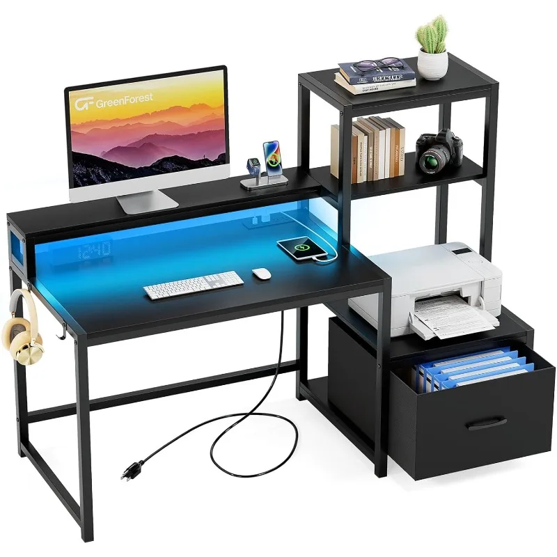 

Computer Desk with Drawers and Monitor Stand, Home Office Desk with Storage Shelves, for Study Writing Working, 51 inch Black