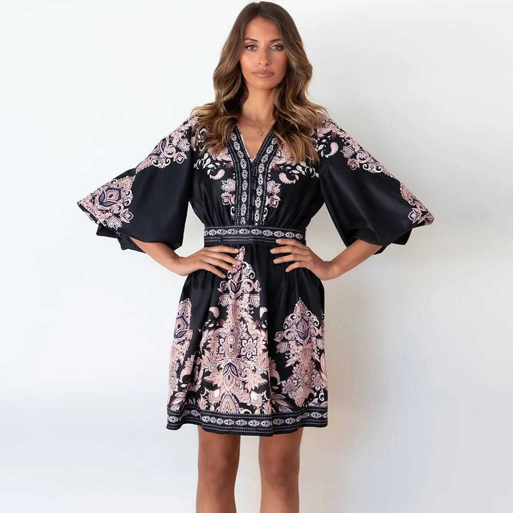 Vrouwen Jurk Lantaarn Mouw Zomer Vintage Print V-hals Korte Jurk Polyester Elegante Korte Mouwen Boho A-lijn Zonnejurk