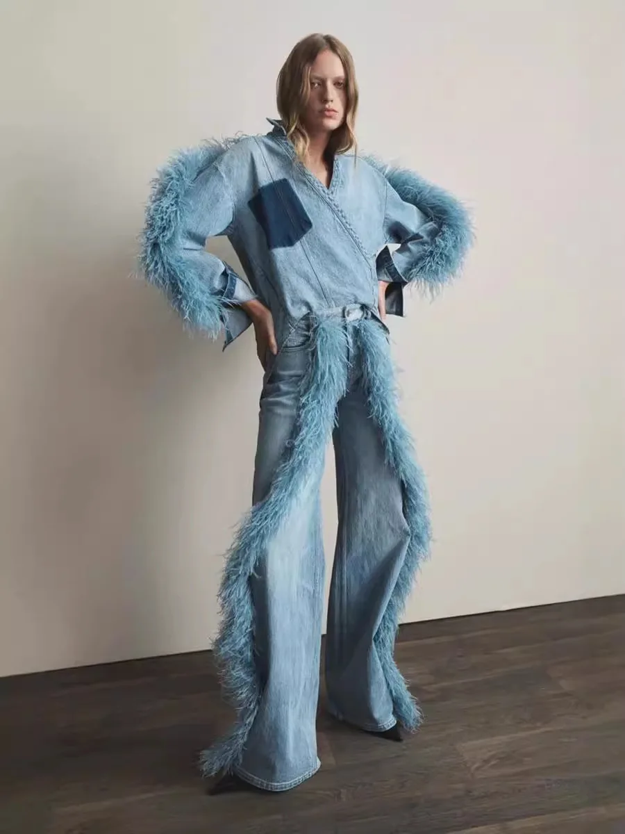 Feathers Decor Denim Wide Leg Pants Women Fashion High Waist Casual Loose Jeans Trousers Streetwear Bottom Fall Winter 2025