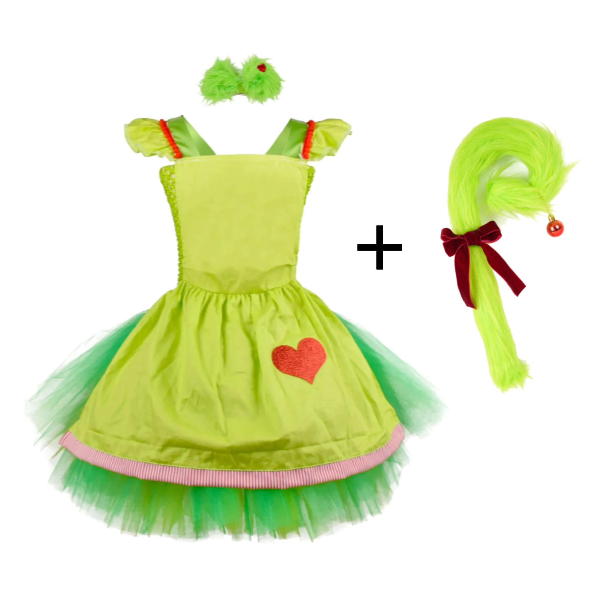 

Girls Green Monster Christmas Costume Tutu Dress Kids Party Santa Outfit New Year Halloween Dress up Clothes for Children cane