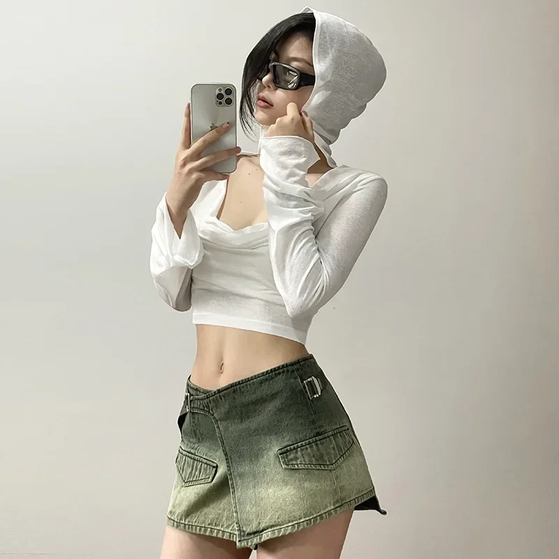 Europe and the United States wind summer new women\'s fashion sexy pleated hooded Slim waist navel sunscreen clothing