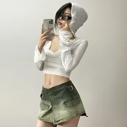 Europe and the United States wind summer new women's fashion sexy pleated hooded Slim waist navel sunscreen clothing