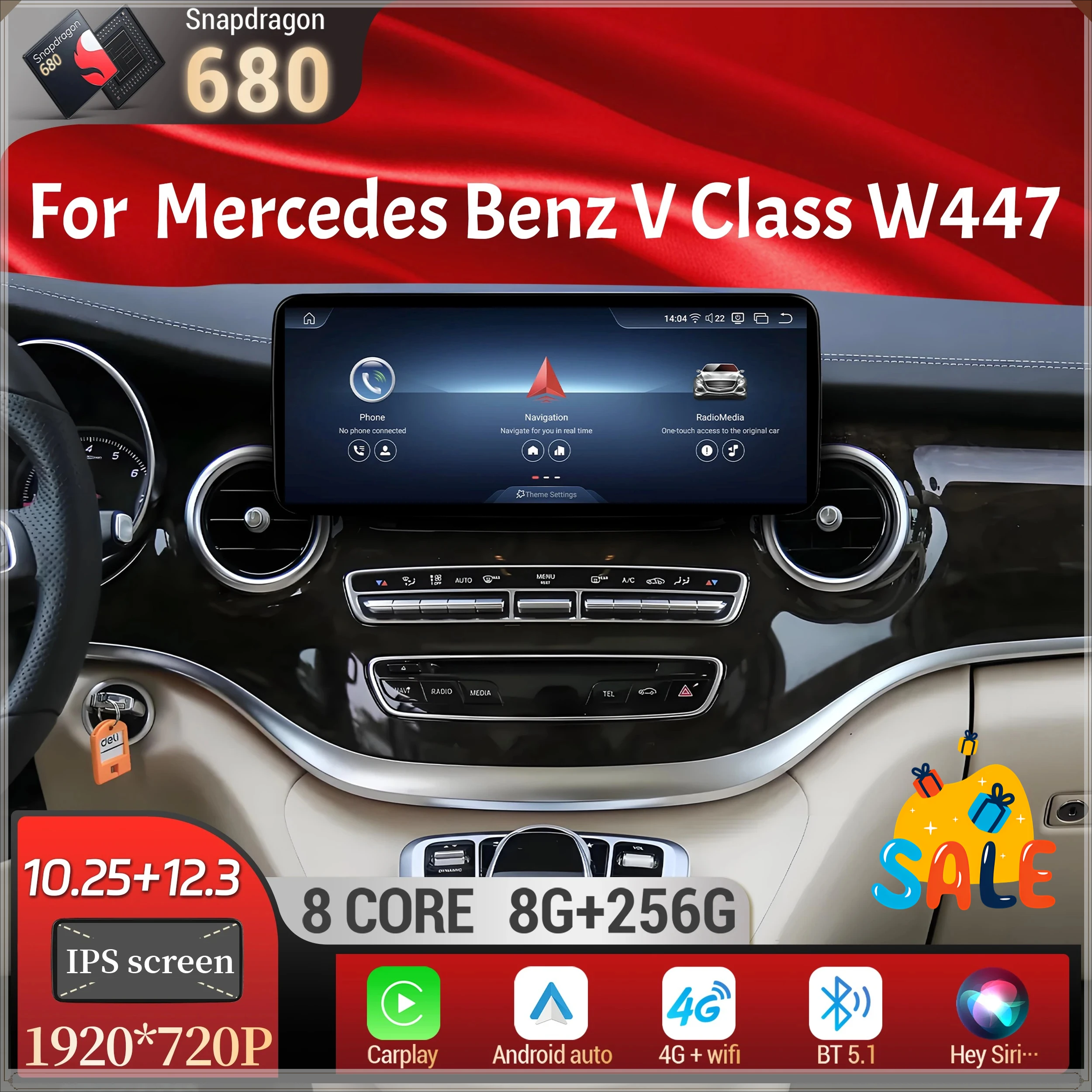 For Mercedes Benz V Class W447 V250 V260 V350 Car Radio Android 14 4G Wireless BT Carplay Snapdragon 680 Head Unit Touch Screen
