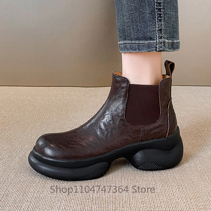 New Spring Autumn Fashion Casual Thick Sole Chelsea Boots Women's Shoes Genuine Leather Platform Work Outdoor Ankle Boots Female