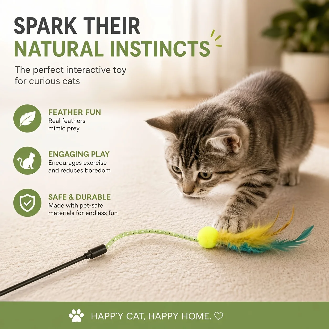 Interactive Cat Rainbow Wand Toys for Indoor Cats and Kittens, Colorful Cat Teaser Wand String Plush Toy Cat Feather Toys