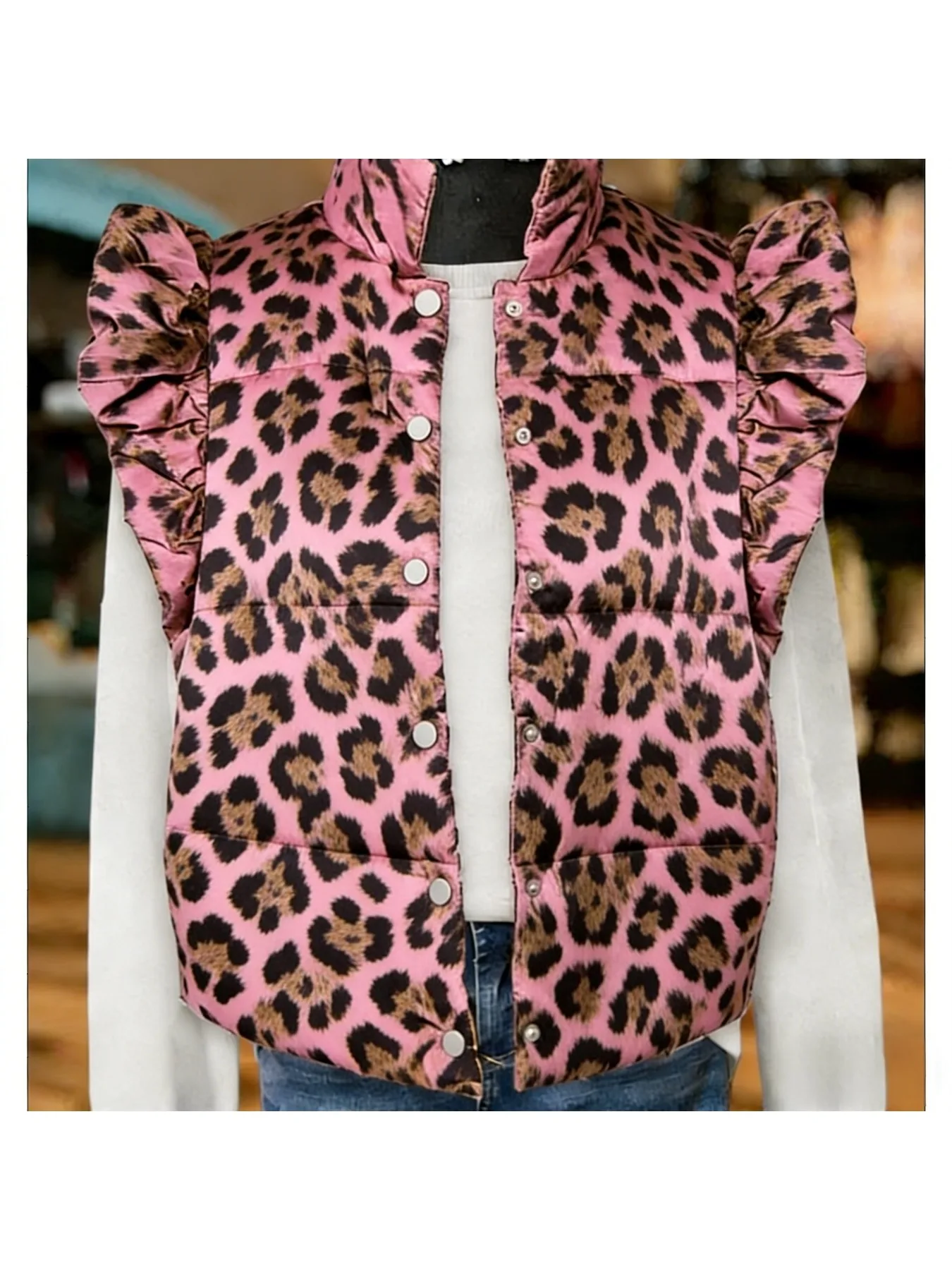 Plus Size - Plus-Size Women'S Stand Collar -Padding Vest, Autumn And Winter Snap-Button Sleeveless Coat with Ruffled Shoulders, Windproof And Warm Outerwear for Layering, Suitable for Daily Commuting, Streetwear, And Other Scenarios