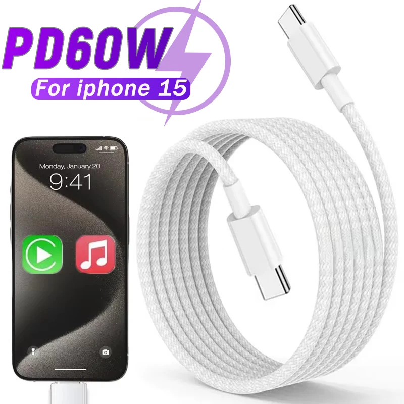 PD 60W Quick Charging USB-C Cable For iPhone 16 15 Pro Max 15 Plus Android Samsung Xiaomi iPad Type C Braided Fast Charger Cable