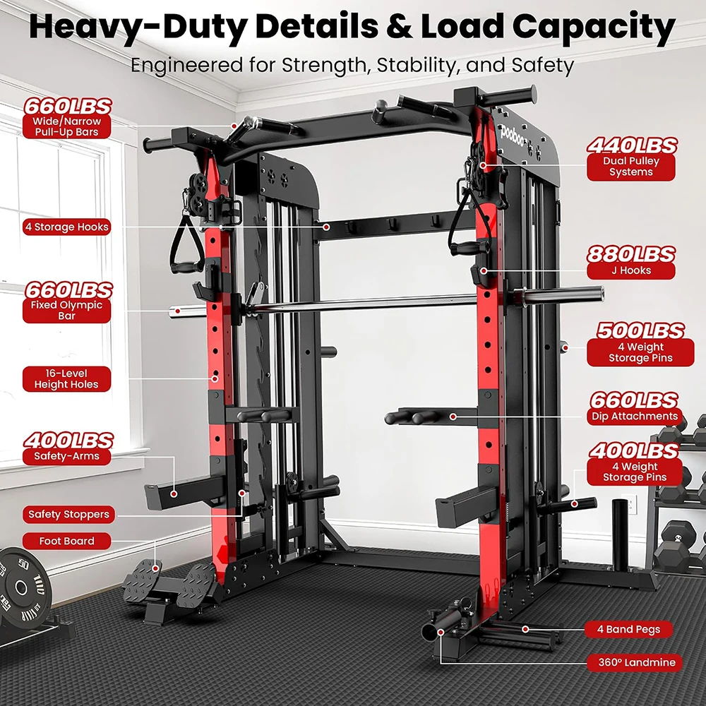 Pooboo Power Cage with 2000LB Squat Rack Cable System | LAT Pulldown and Dual Pulley Cable Crossover with All-in-One Home Gym Machine, Adjustable Stations and Training Attachments
