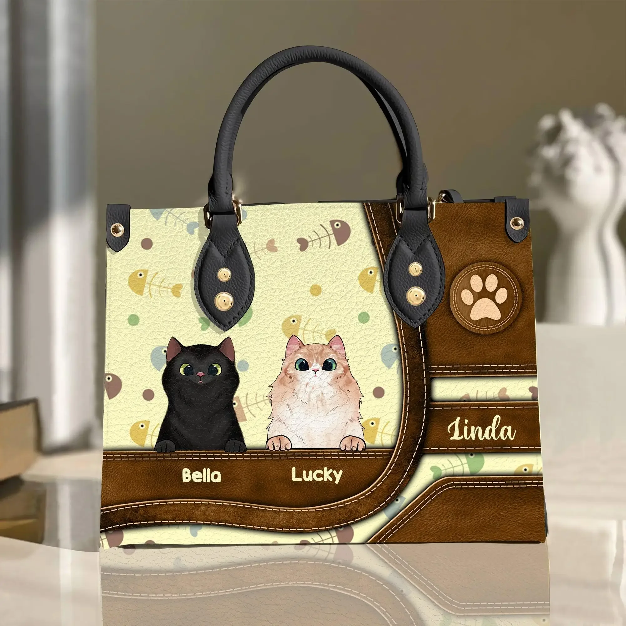 Saco personalizado do gato dos desenhos animados do animal de estimação para mulheres, sacos personalizados do nome, bolsas luxuosas do projeto da marca para senhoras