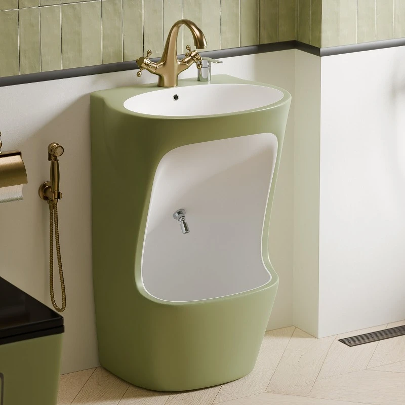 Retro green ceramic integrated household hand wash foot basin bathroom balcony floor column basin