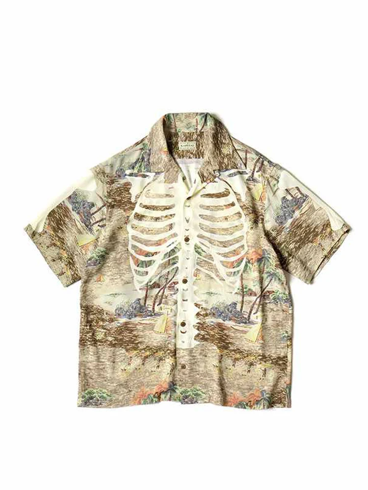 23SS KAPITAL Hirata Kazuhiro Japanese Casual Bone Hawaiian Print Cuban Collar Short Sleeve Shirt for Men