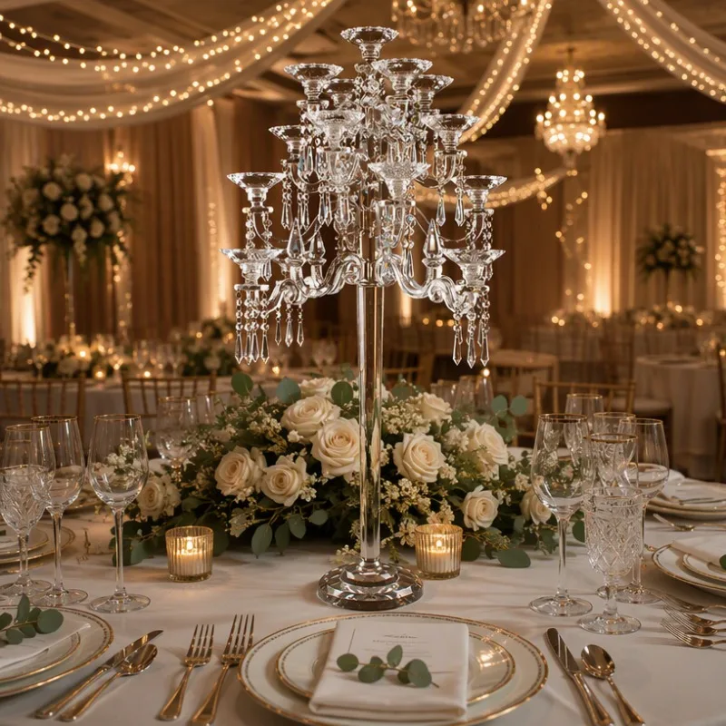 17 Arms Clear Crystal Hurricane Candleholder Tall Table Centerpieces Candelabra Handmade Baosheng for Christmas Home Decoration
