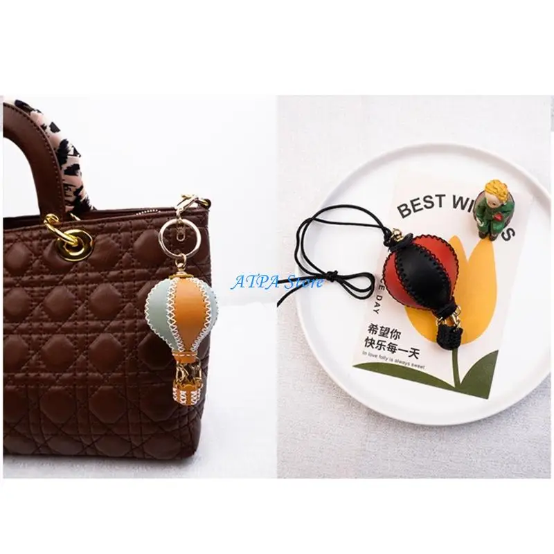 

U13C Car Rearview Mirror Hot Air Balloon Keychain Phone Charm PU Leather DIY Gift