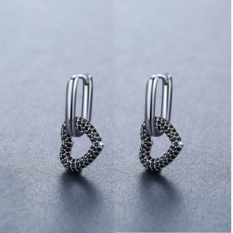 Black Awn Classic Silver Color Round Black Trendy Spinel Engagement Hoop Earrings for Women Jewelry Bijoux I317