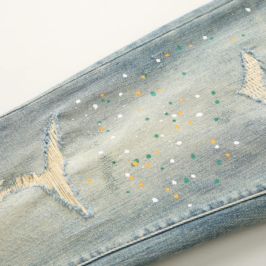 Street Designer Fashion Men Jeans High Quality Retro Washed Stretch Slim Fit Painted Ripped Jeans Men Vintage Y2K Denim Pants