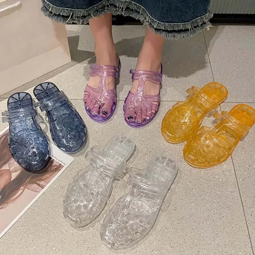 โปร่งใส PVC คริสตัลรองเท้าแตะดอกไม้ Hollow COVER Toe รองเท้าแตะ Anti SLIP Beachwear รองเท้ารองเท้าแตะผู้หญิงในร่ม