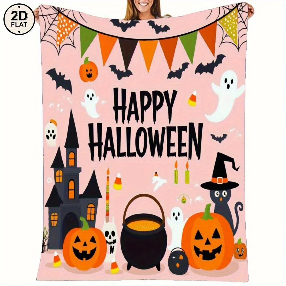 

Throw Blanket - Happy Halloween Decor with Pumpkin, Castle, Bat, Cauldron Print - Pastel Pink & Orange Halloween