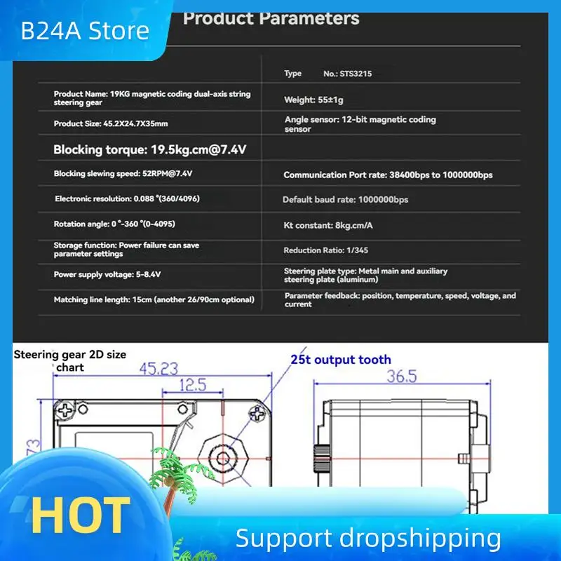 

B24A 2X 7.4V STS3215 Servos For SO-ARM100 Robotic Arm 19KG High Torque Intelligent Bus Servo TTL With FE-URT-1