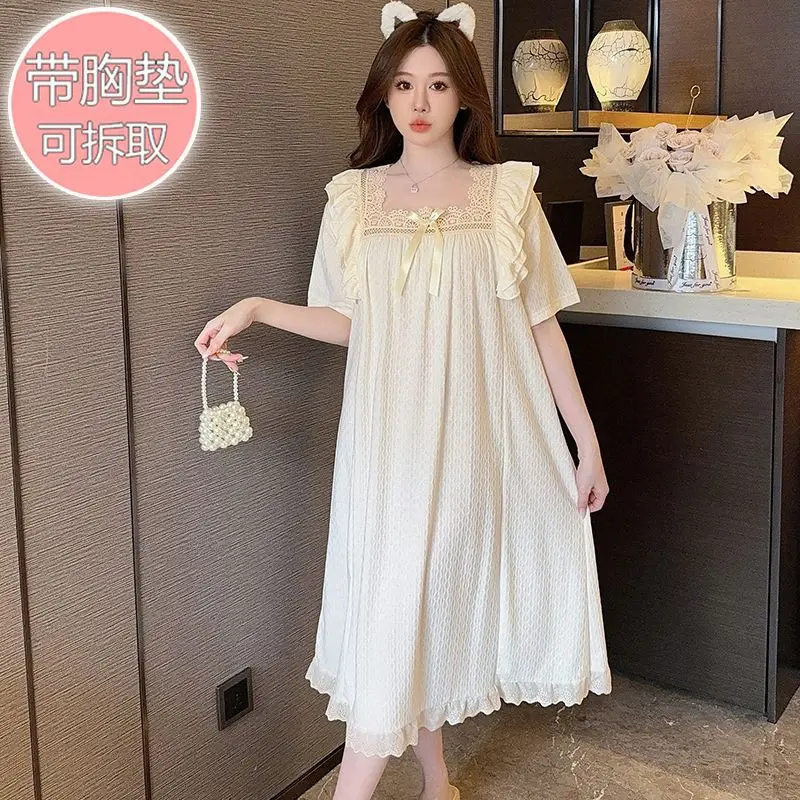 Женское хлопковое платье для сна размера 5XL с накладкой на грудь, летняя домашняя одежда с короткими рукавами, свободная ночная рубашка средней длины в стиле принцессы