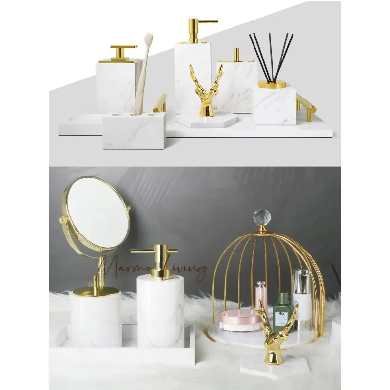 

Volakos White Natural Marble Bathroom Accessories Set Golden Luxury Soap Dispenser Makeup Rack Vanity Tray Bathroom Set