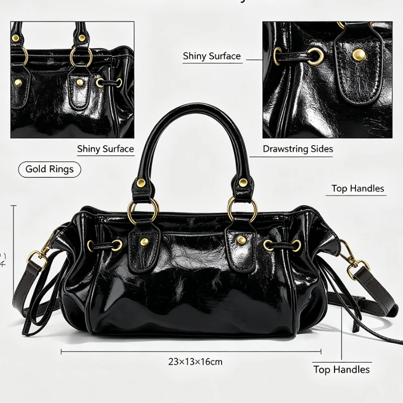 Vintage Shiny Faux Leather Top Handle Bag for Women Drawstring Side Design Detachable Strap Crossbody Shoulder Handbag Purse