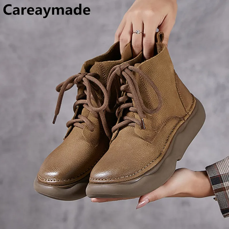 Careaymade-Genuine leather thick soled women\'s boots,top layer cowhide  short boots,big head wide edition casual female boots