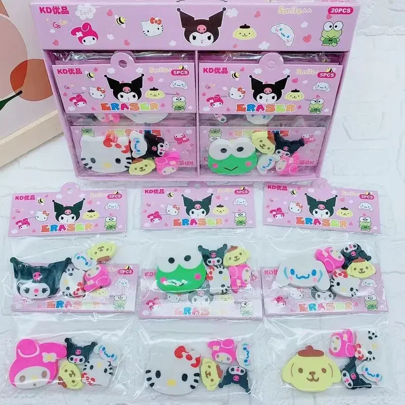 Sanrio 20pcs Eraser Cartoon Kuromi Hello Kitty Large Collection Eraser Cute Modeling School Supplies Kawaii Kids Boxed Gifts